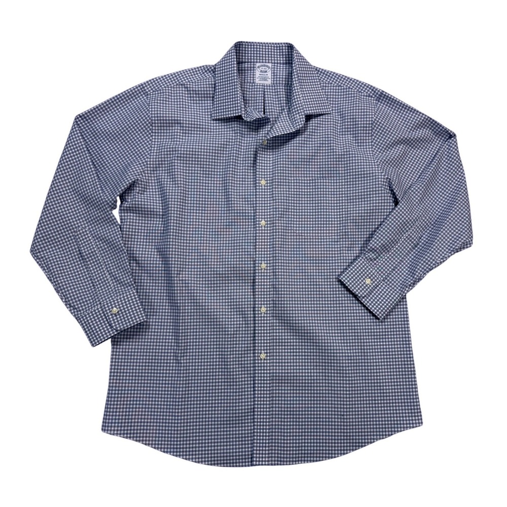 Brooks Brothers Button Down Shirt Mens 17-33 Blue Excellent Gingham Non-Iron